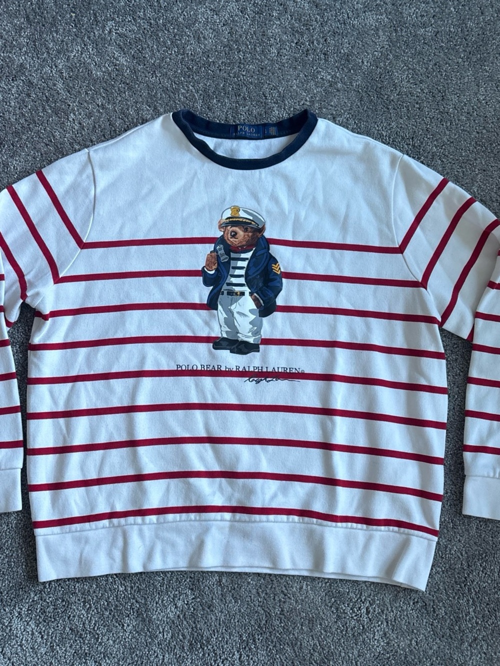 Polo Ralph Lauren Bear Striped Long-Sleeve Crewneck Sweatshirt- White & Red